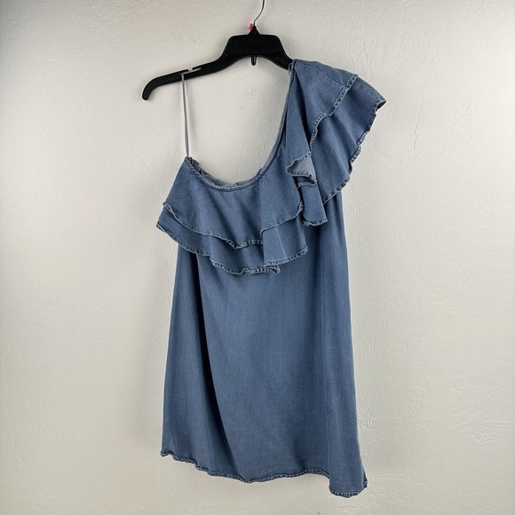 Zara Dress Womens Chambray One Shoulder Ruffled Mini Blue S Denim Collection Zip - Picture 1 of 6
